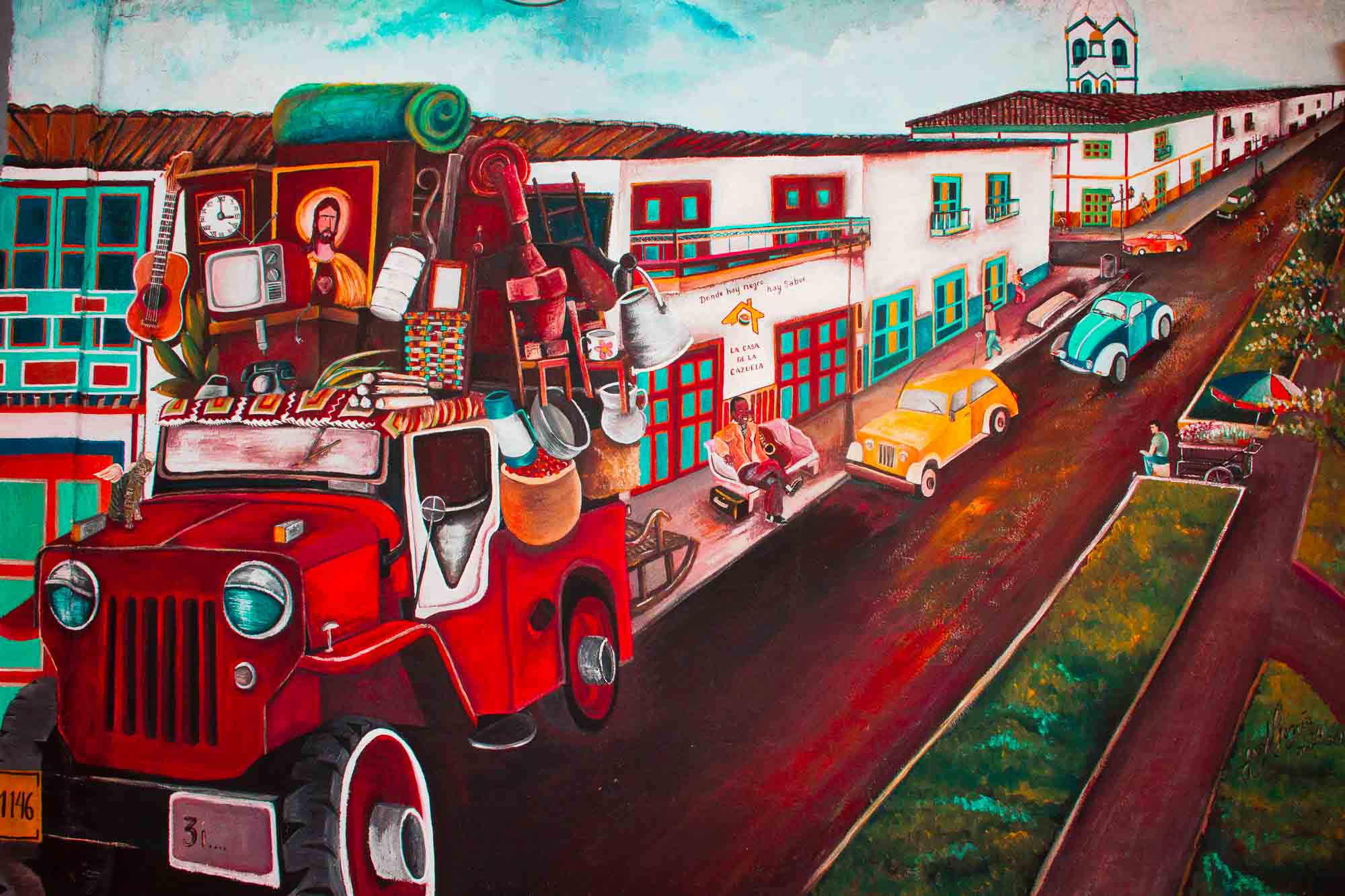 Mural de chiva colombiana en pueblo